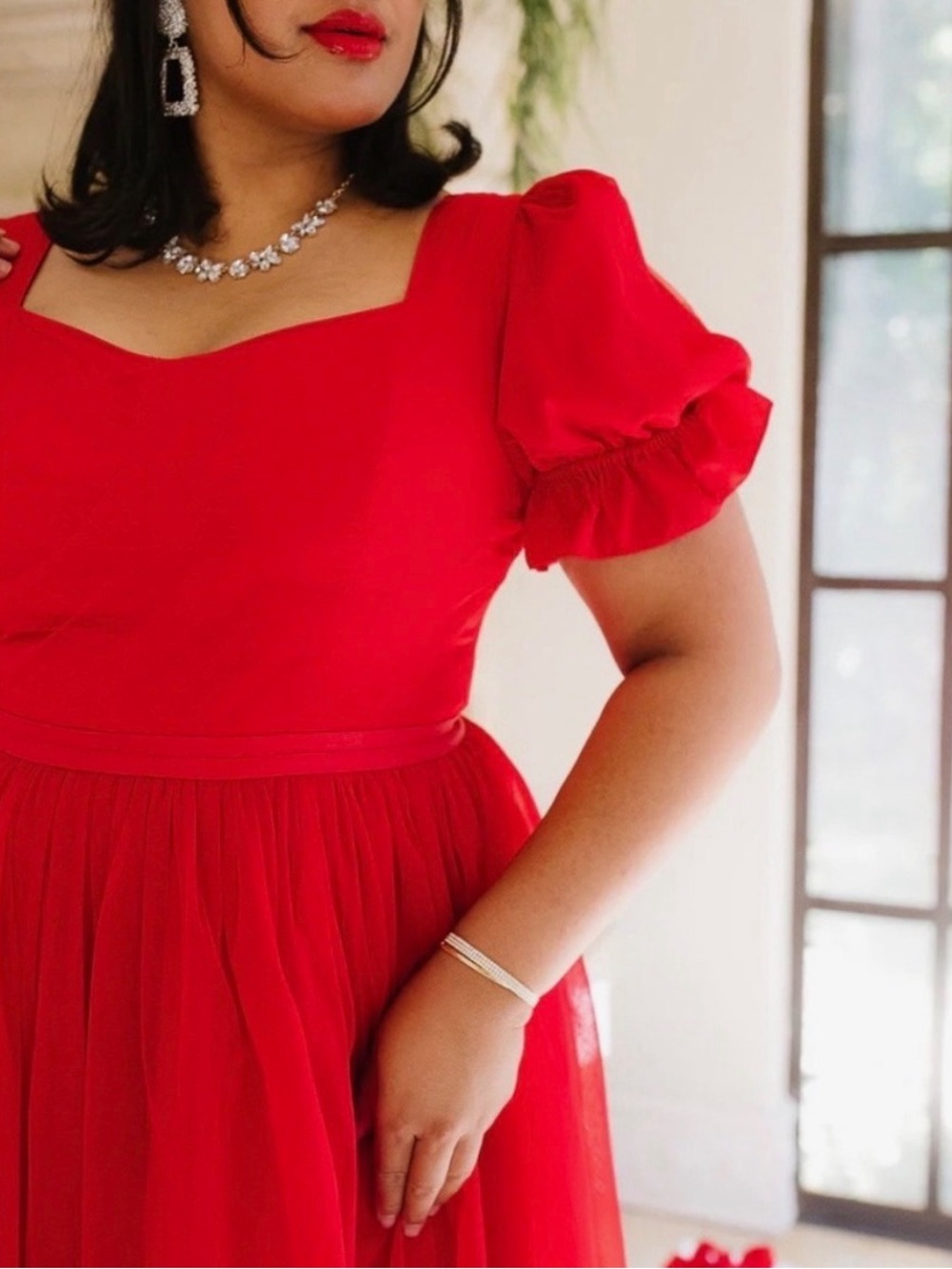 ‼️SALE Ivy City Co Red Ballerina Tulle Midi Dress Puff Sleeve  Neckline Formal - Picture 2 of 9